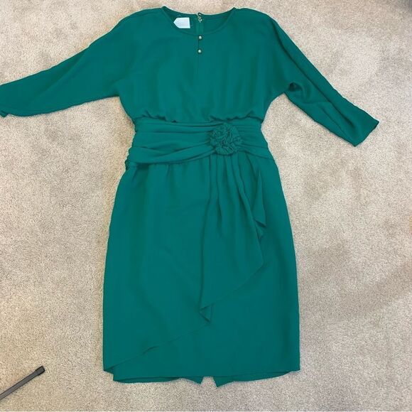 VINTAGE Emerald Green wrap skirt ruched waist dress - Picture 7 of 14